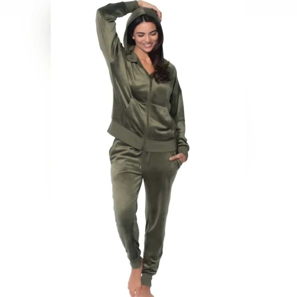 Olive Green Velour Zip Hoodie & Jogger Lounge Set - Women XXL NWOT